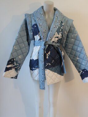 NWT Tina Demel Blue Bandana Reversible Quilt Belted Jacket/Vest M